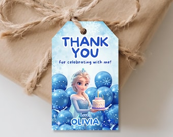 Frozen Thank You Tags:  Editable Elsa Birthday Favor Tags, Printable Party Decor (Canva Template)
