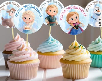 Adornos para cupcakes de Frozen: Decoraciones de cumpleaños infantiles de Frozen (Plantilla de Canva, descarga instantánea)