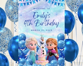 Redigerbar Frost-födelsedagsvälkomstskylt: Elsa och Anna festdekor (Canva-mall, direktnedladdning)