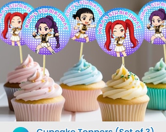 Kpop Demon Hunters-cupcaketopper: bewerkbaar verjaardagsfeestje (bewerkbare canvassjabloon, direct downloaden)