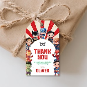 Superheld Dankeschön Tags: Bearbeitbare Kids Party Favor Tag Vorlage (Canva, Instant Download)