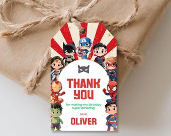 Etiquetas de agradecimiento de superhéroe: Plantilla editable para etiquetas de regalo de fiesta infantil (Canva, descarga instantánea)