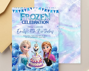 May include: Frozen themed birthday invitation with a blue, purple, and white background. The invitation features a picture of Elsa and Anna from Frozen with Olaf and a cake. The text on the invitation reads "Frozen Celebration" and "Emily's 4th Birthday".
