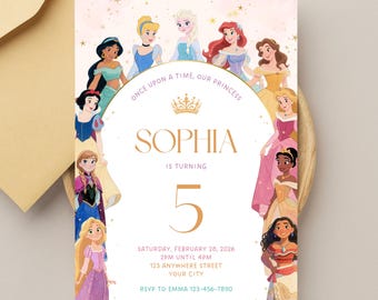 Plantilla editable de invitación de cumpleaños de princesa: Invitación de fiesta de princesa rosa (Canva, descarga instantánea)