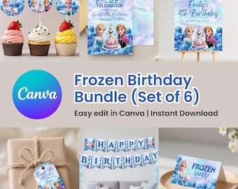 Invitación de cumpleaños de Frozen: Paquetes editables de Elsa (Plantilla de Canva, descarga instantánea)