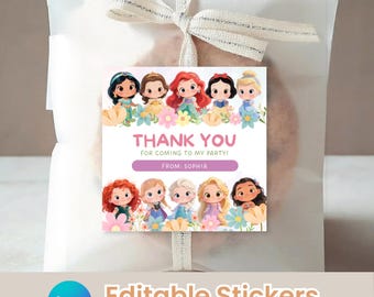 Pegatina de agradecimiento de princesa de acuarela: recuerdo de fiesta de princesa editable (plantilla de Canva, descarga instantánea)