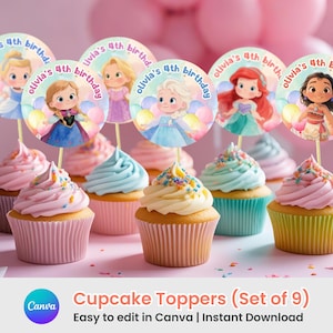 Watercolor Princess Cupcake Toppers: Editable Party Decorations (Canva Template, Instant Download)