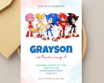 Plantilla editable de Canva para invitación de cumpleaños de Sonic, invitación a fiesta de Sonic el Erizo, descarga digital.