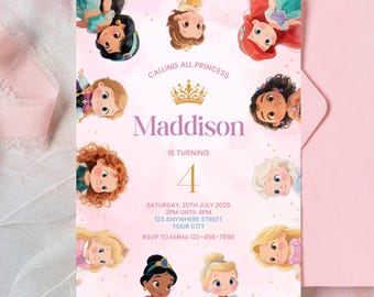 May include: Pink princess-themed birthday invitation with the text "Calling All Princess" and "Maddison is turning 4." The invitation features illustrations of various princesses. The date and time of the party are also included.