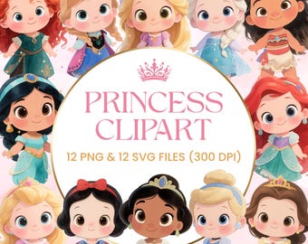 Paquete de imágenes prediseñadas de princesas PNG: Decoraciones para fiestas de princesas de cuento de hadas (descarga digital)