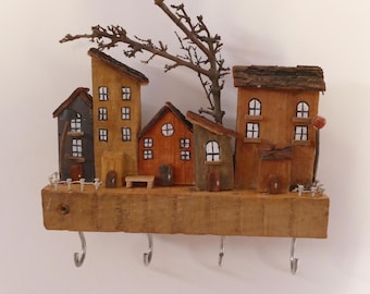 Handmade Wooden Key Hanger, Decorative Woodart Entryway Organizer, Rustic Theme Village Wall Decor Key Holder, Cute Colorful Houses Key Rack