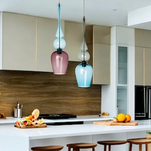 Set of Two Hand Blown Glass Pendant Light | Modern Ceiling Light Fixture | Lighting for Kitchen Island | Handmade Hanging Pendant Lamp