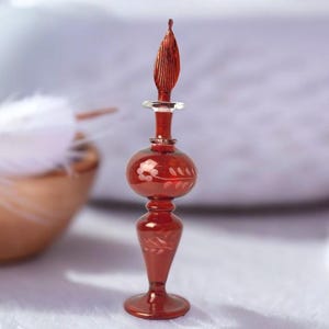 Engraved Glass Perfume Bottle – Ruby Red Egyptian Perfume Decanter, Handblown Refillable Fragrance & Essential Oil Holder , Unique Gift Idea