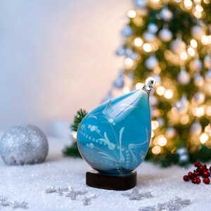 Handmade Glass Ornament | Engraved Ornament | Blown Glass Christmas Tree Decoration | Blue Hanging Glass Ornament | Ornaments for Holiday