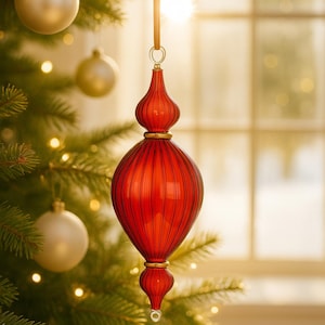 Red Glass Christmas Ornaments | Christmas Tree Decor | Hand Blown Glass Ornaments with 14K Gold Trim | Handmade Seasonal Tree Decor