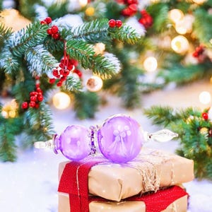 Hand Blown Glass Purple Ornament | Engraved Christmas Tree Decoration | Egyptian Glass Holiday Gift for Her | Handmade Hanging Glass Baubles