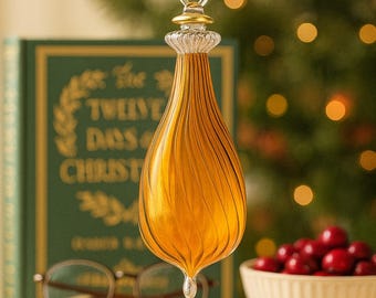 Hand Blown Orange Glass Christmas Ornament | 14K Gold Trim, Ribbed Bauble