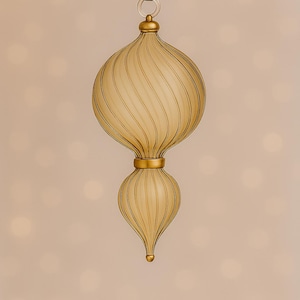 Gold Glass Ornament with Golden Trim | Hand Blown Ribbed Christmas Bauble | Holiday Tree Decoration | Hanging Ornaments for New Year Party