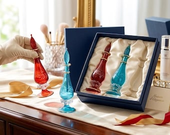 Juego de frascos de perfume de vidrio soplado - Frascos de fragancia hechos a mano - Grabados con detalles dorados