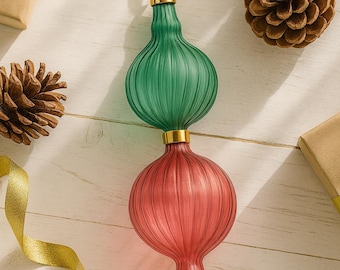 Hand Blown Double Glass Ball Ornament | Pink & Green Christmas Tree Decoration