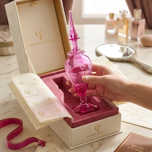 Può includere: Un flacone di profumo in vetro rosa con un design floreale, presentato in una scatola bianca con la scritta "CHATEAU FUSCHIA". Il flacone ha un lungo tappo a punta ed è esposto su una base di velluto rosa. Include un'etichetta e un libro intitolato "ART OF ETCHING".
