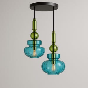 Set of Two Blown Glass Pendant Light | Hand Blown Pendant Lights | Hanging Pendant Lamp | Kitchen Pendant Lighting | Ceiling Light Fixture