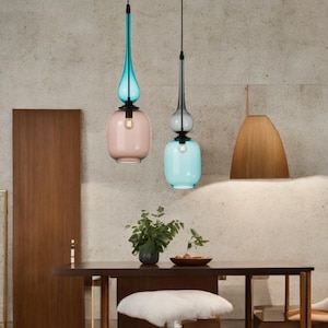 Modern Glass Pendant Light Fixture | Set of Two Hand Blown Ceiling Pendant Lamp | Handmade Hanging Light | Kitchen Island Lighting