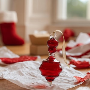 Glass Tree Ornament | Red Hand Blown Christmas Tree Ornaments | Hanging Holiday Décor | Collectible Festive Bauble | Handmade Ornament Gift