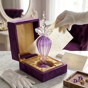 May include: A vintage-style, purple glass perfume bottle with a decorative stopper, presented in a purple velvet box with gold satin lining. The box is open, revealing the bottle. A white-gloved hand holds a piece of paper.
