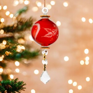 Red Glass Christmas Ball Ornaments With Crystal Drop | Engraved Hanging Ornaments with 14K Gold Trim | Holiday Christmas Tree Decorations