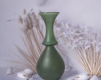 Handmade Glass Vase | Matte Green Decorative Accent | Tall Minimalist Vase | Contemporary Home Décor | Perfect Gift Idea | Blown Glass Vase
