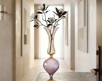 手吹きガラスの花瓶 - 紫色の砂時計型フラワーホルダー - テーブルトップセンターピース - ねじれたフラワーアレンジメントボウル