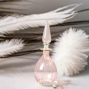Hand Blown Pink Glass Perfume Bottle | Egyptian Tall Stopper Oil Decanter | 14K Trim Refillable Scent Jar | Decorative Fragrance Glass