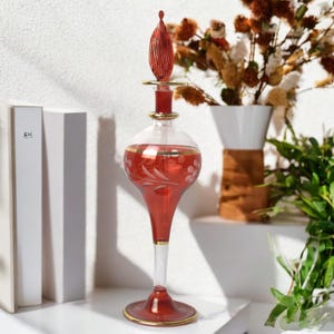 Glass Fragrance Bottle | Unique Egyptian Perfume Bottle | Refillable Essential Oil Bottle | Hand Painted Blown Glass Engraved Empty Perfume