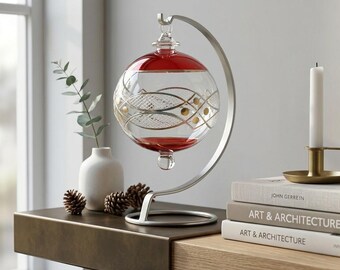 Handmade Red Blown Glass Christmas Ornament | Egyptian Gold Etched Decor