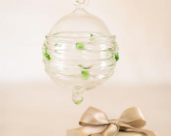 Hand Blown Glass Christmas Ornament | Green Swirl Holiday Bauble