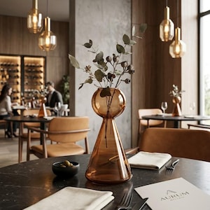 May include: A restaurant interior featuring a table set with a vase, napkins, and cutlery. The amber-colored glass vase holds greenery. The table is dark with a marble-like texture. The menu reads "AURUM Bistro".