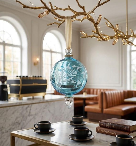 Mund geblasen Glas Weihnachtsschmuck | Geätztes botanisches Design mit Goldrand