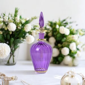 Hand Blown Glass Perfume Bottle | Egyptian Glass Bottle with Stopper | 14K Gold Trim Decorative Bottle | Refillable Fragrance Bottle