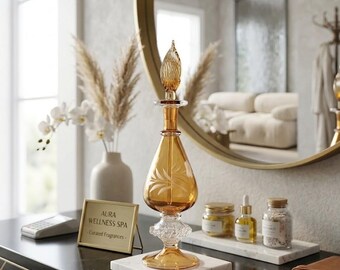 Flacon de parfum en or ambré soufflé à la main - Carafe en verre égyptien, motif floral gravé