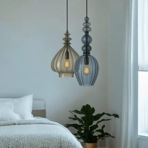 Set of Two Hand Blown Glass Pendant Light |  Glass Ceiling Lights Pendant | Hanging Pendant Lamps for Bedroom | Modern Glass Lighting
