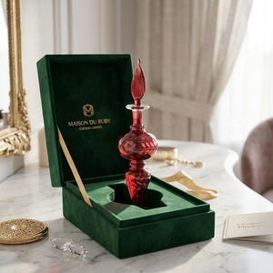 Könnte beinhalten: Ein rubinroter Parfümflakon mit dekorativem Verschluss steht in einer offenen, grünen Samtbox. Auf der Box steht "MAISON DU RUBY - EDITION LIMITEE". Ein goldener Kompaktspiegel und weiteres Zubehör liegen auf dem Tisch.