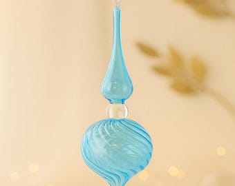 Handblown Glass Finial Ornament | Icy Blue Swirl Christmas Tree Drop