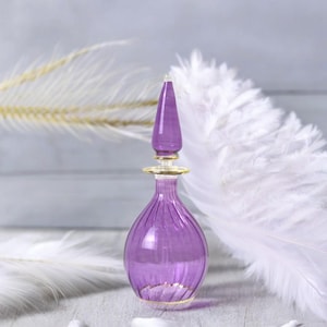 Empty Glass Hand Blown Perfume Bottle | Egyptian Decorative Scent Bottle with Stopper | 14K Golden Trim Refillable Essential Oil Decanter
