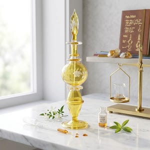 Op de afbeelding: Een gele glazen parfumfles met een decoratief bloemmotief, een lange druppelaar en een klein flesje met het opschrift "Citrine Accord No. 7" staan op een wit oppervlak. Een gouden weegschaal en een notitieboekje staan op de achtergrond.