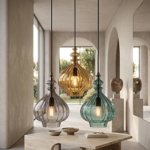 Blown Glass Pendant Light Set - Light Fixtures - Lighting for Kitchen Island - Hanging Lamp