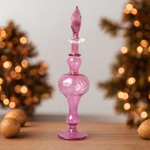 Pink Blown Glass Perfume Bottle | Egyptian Refillable Small Decanter | Engraved Fragrance Bottle | Empty Cologne Bottle | Gift for Women