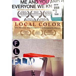May include: A stack of film-related items, including a DVD case for "Me and You and Everyone We Know" with a Best Buy price tag. Below, a DVD case for "Local Color" and a magazine with the text "FLM Magazine".