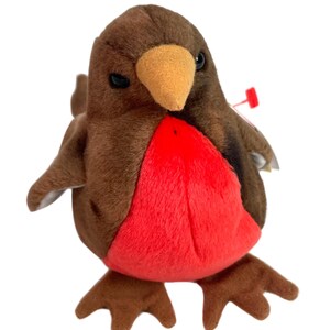 May include: A plush robin bird toy featuring dark brown fur on the head, wings, and back, with a bright red chest, a tan beak, and black eyes. A small red plastic tag is attached to the side of the bird, extending from the wing area.