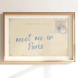 Impresión de postal "Encuéntrame en París", arte mural moderno, decoración vintage para dormitorios, póster de viaje retro, estética de apartamento universitario, impresión digital